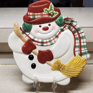 Fitz and Floyd Christmas Snowman Canape Plate Plaid Essentials 9.5” By 8.5”